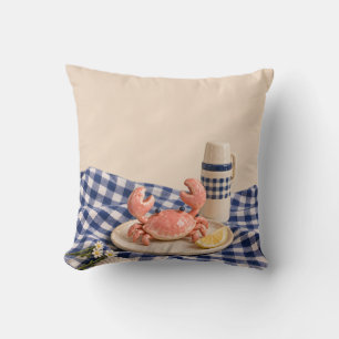 Cojín Decorativo Merendar de verano de gingham azul cangrejo coral