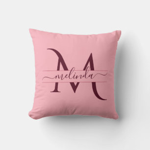 Cojín Decorativo Merlot Burgundy Rosa Monograma Femenino de Moda