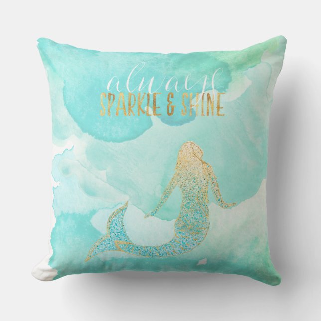 Cojín Decorativo Mermaid Aqua Gold Sparkle (Anverso)