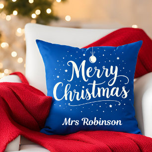 Cojín Decorativo Merry Christmas Blue White Trendy Custom Name
