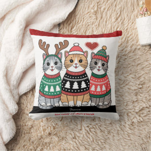 Cojín Decorativo Merry Christmas Cute Cats Nombre Personalizado