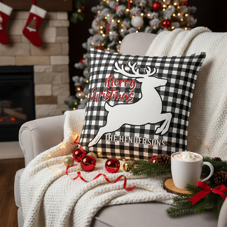 Cojín Decorativo Merry Christmas Deer Black & White Plaid Name Thro