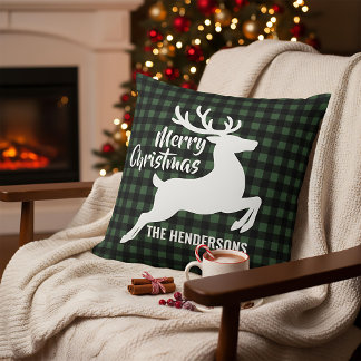Cojín Decorativo Merry Christmas Deer Green & Black Plaid Name