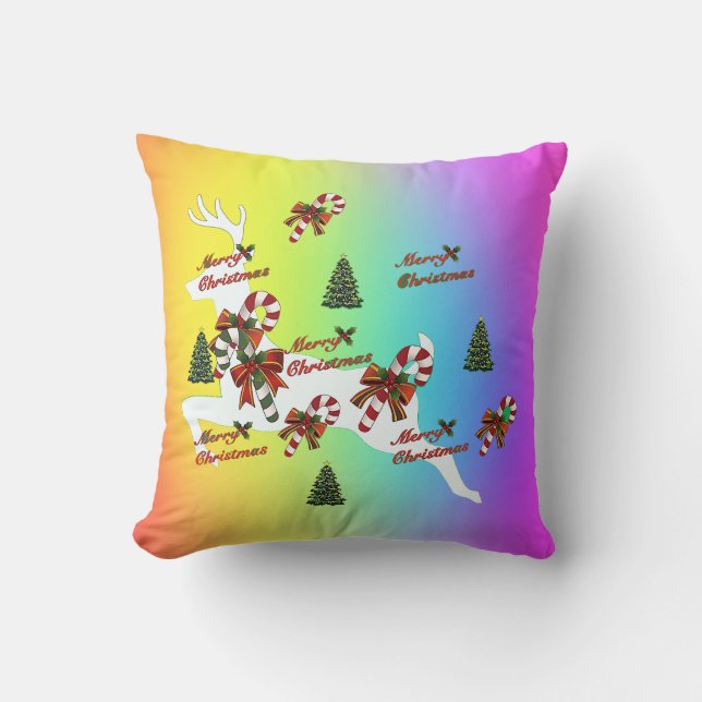 Cojín Decorativo Merry Christmas Deer Rainbow Holiday Throw Pillow (Anverso)