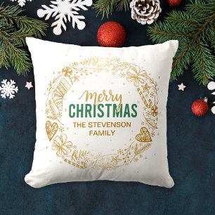 Cojín Decorativo Merry Christmas Family Name Gold Wreth