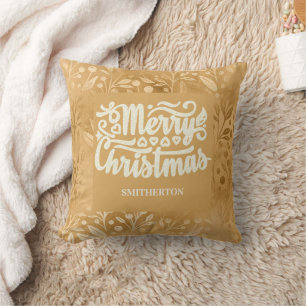 Cojín Decorativo Merry Christmas Gold Brush Nombre de la familia