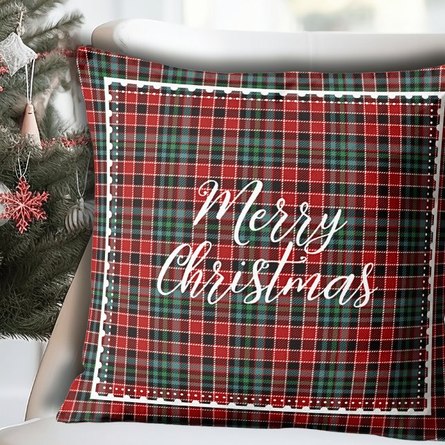 Cojín Decorativo Merry Christmas Modern Plaid Script (Merry Christmas Modern Plaid Script Throw Pillow.)
