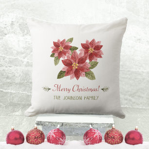 Cojín Decorativo Merry Christmas Poinsettia Pine Typography