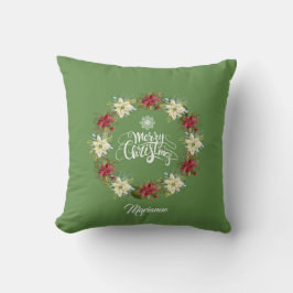 Cojín Decorativo Merry Christmas Poinsettia Wreath Monograma