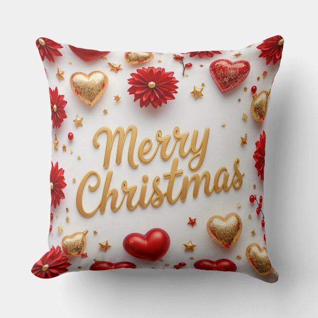 Cojín Decorativo Merry Christmas Red & Gold Holiday Pillow  (Anverso)