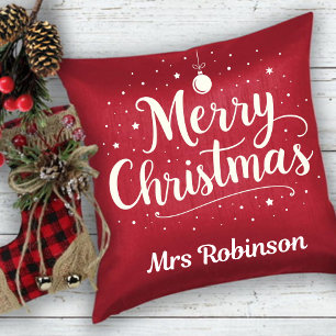 Cojín Decorativo Merry Christmas Red White Trendy Custom Name