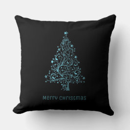 Cojín Decorativo Merry Christmas Tree Stars Black Metallic Blue