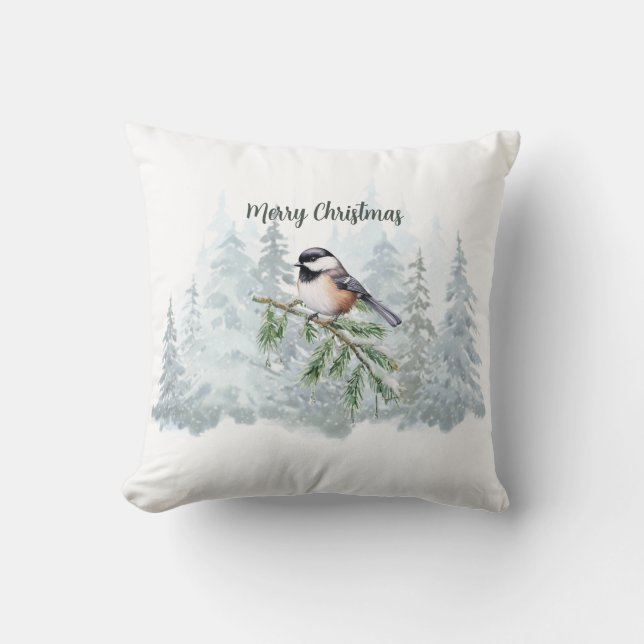 Cojín Decorativo Merry Christmas Winter Spruce Tree Chickadee (Anverso)