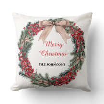 Merry Christmas Wreath Throw Pillow 