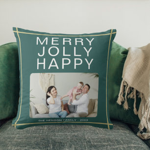 Cojín Decorativo Merry Jolly Happy Personalizado Family Photo Green