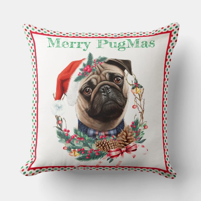 Cojín Decorativo Merry PugMas - Cute Pug con Sombrero Santa (Anverso)
