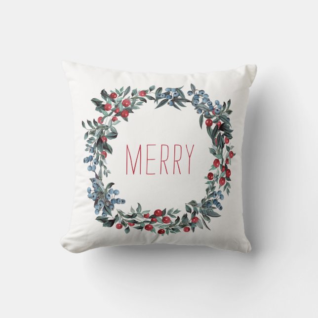 Cojín Decorativo Merry Red Blue Berries acuarela festividad (Anverso)