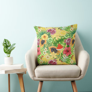 Cojín Decorativo Mezcla tropical, flores y hojas en amarillo