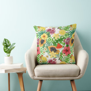 Cojín Decorativo Mezcla tropical, flores y hojas en blanco