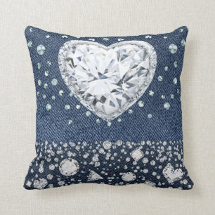 Cojín Decorativo Mezclilla de Blue Jean y Diamantes Brillo Corazón