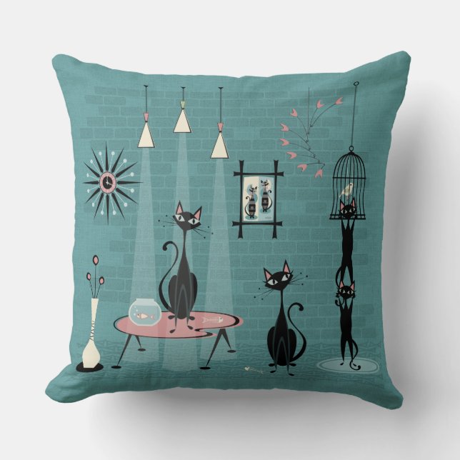 Cojín Decorativo Mid Century Kitty Mischief ©studioxtine (Anverso)