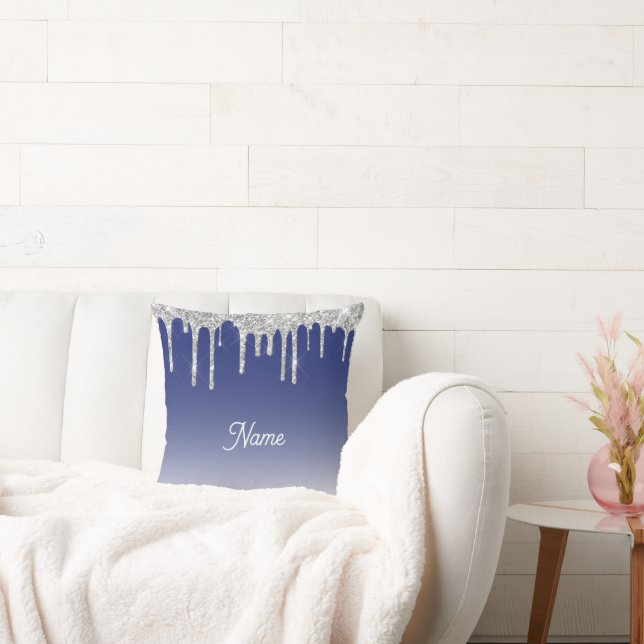 Cojín Decorativo Midnight Blue Silver Glitter Drip Graphic (Sofá)