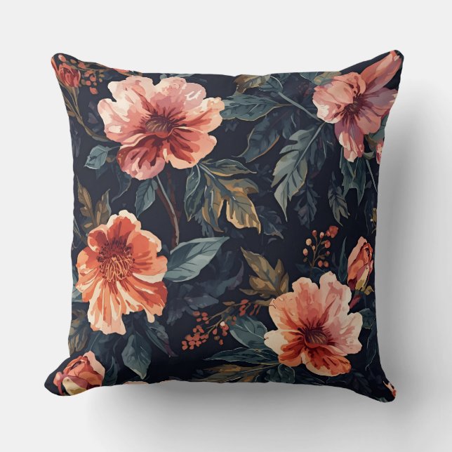 Cojín Decorativo Midnight Garden Floral Coral and Navy Botanical (Anverso)