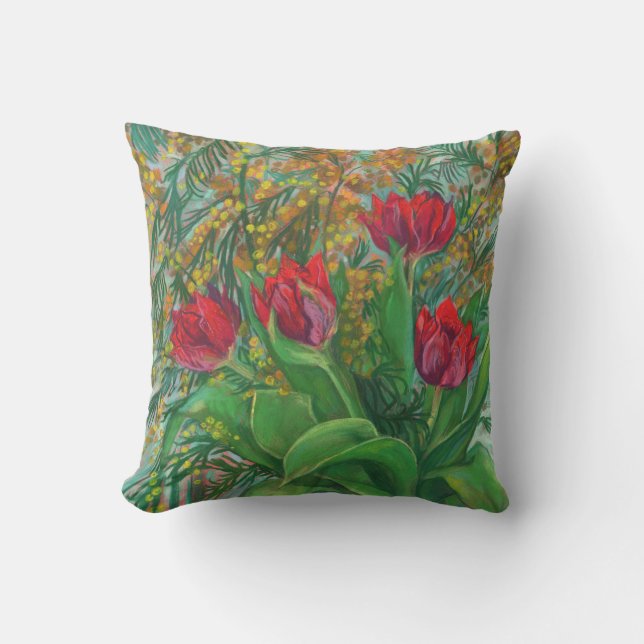 Cojín Decorativo Mimosa y tulipanes, flores de primavera, pintura f (Anverso)