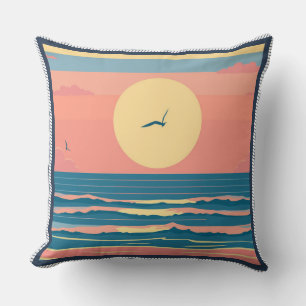 Cojín Decorativo Minimalista Retro Atardecer en la Playa Olas del O