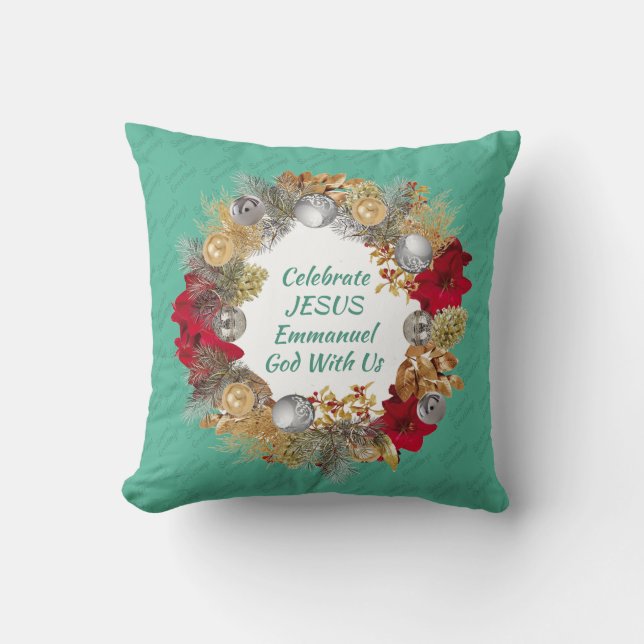 Cojín Decorativo Mint Green CELEBRATE JESUS Navidades Wreath (Anverso)