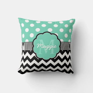Cojín Decorativo Mint Polka Dots Black Chevron Monograma