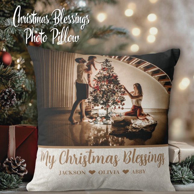 Cojín Decorativo Mis Navidades bendicen foto y texto Personalizado (My Christmas Blessings Custom Photo and Text Throw Pillow - Add your favorite photo and custom text.)