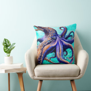 Cojín Decorativo Misterioso Octopus Ola Azul Océano Resumen Arte