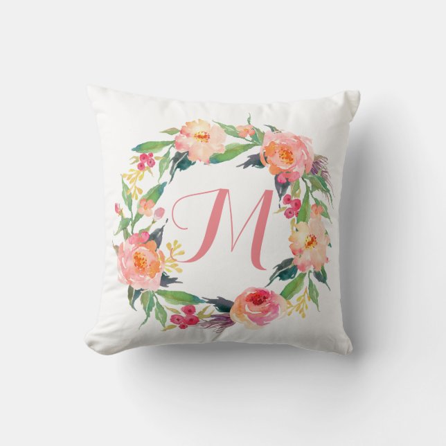 Cojín Decorativo Moda acuarela Floral Wreath Monograma (Anverso)