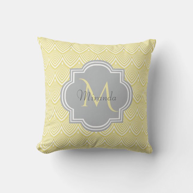 Cojín Decorativo Moda Amarillo Art Decó Vieiras Gris Monograma Nomb (Anverso)