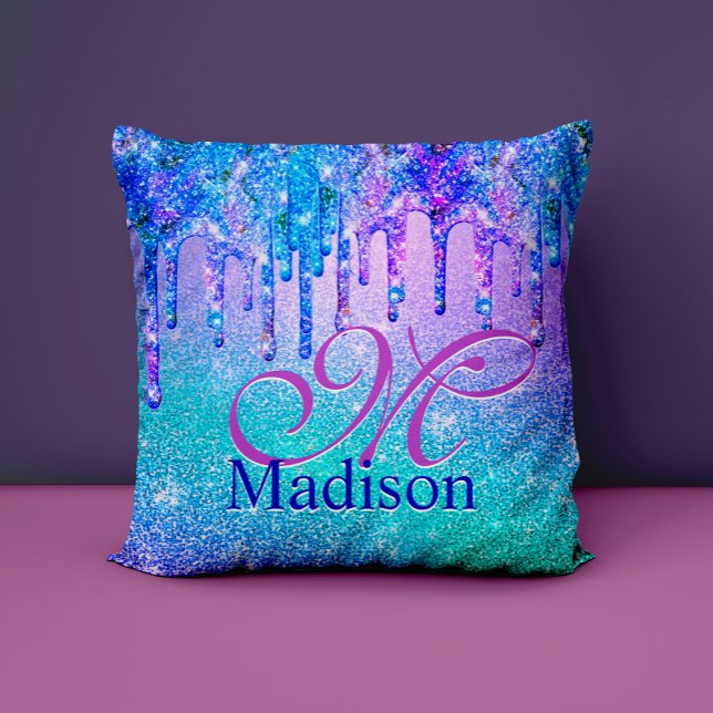 Cojín Decorativo Moda azul púrpura purpurina laca monograma (Subido por el creador)