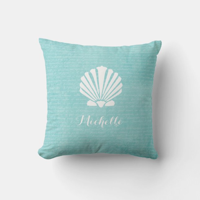 Cojín Decorativo Moda Beach Girly Aqua Scallop Shell con nombre (Anverso)