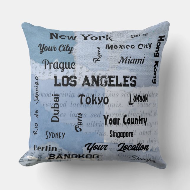 Cojín Decorativo moda bebé azul mega ciudades rústicas del mundo (Anverso)