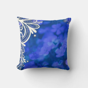 Cojín Decorativo Moda bohemiana azul floral encaje blanco