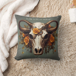 Cojín Decorativo Moda Boho acuarela Steampunk Floral Cow Skull