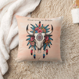 Cojín Decorativo Moda Boho Acuarela Tribal Floral Cow Skull