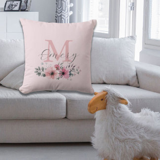 Cojín Decorativo Moda botánica acuarela rosa monograma floral