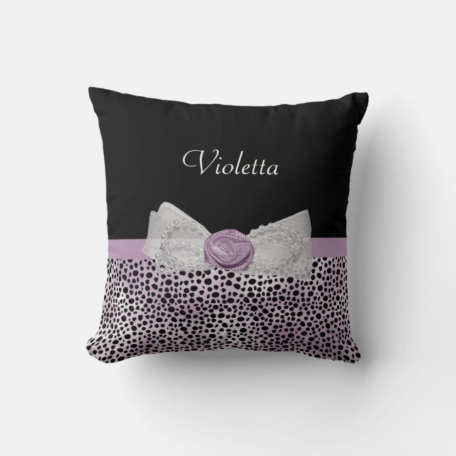 Cojín Decorativo Moda Cheetah Impresión Curte Rosa Bow y Nombre (Anverso)