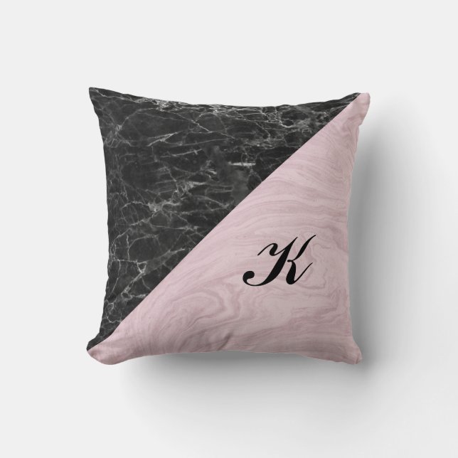 Cojín Decorativo Moda Elegante Mármol Rosa Negro Monogramado (Anverso)