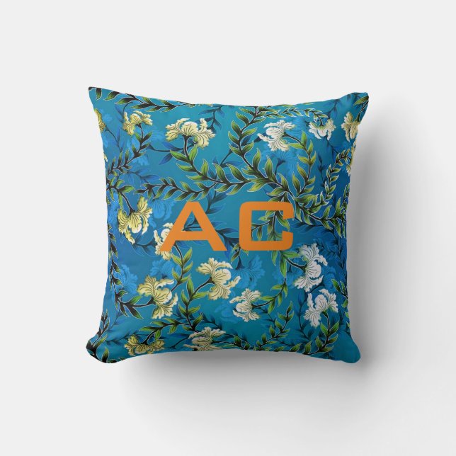 Cojín Decorativo Moda floral azul monograma moderno (Anverso)