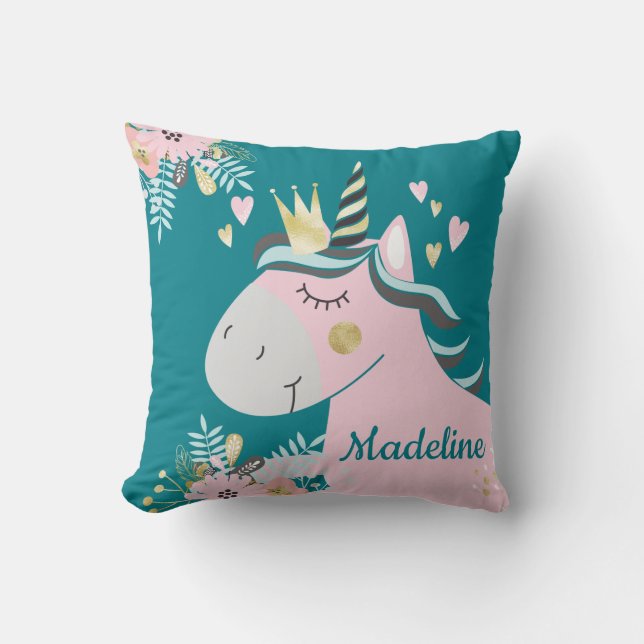 Cojín Decorativo Moda Floral Magical Unicornio Chica Personalizado (Anverso)
