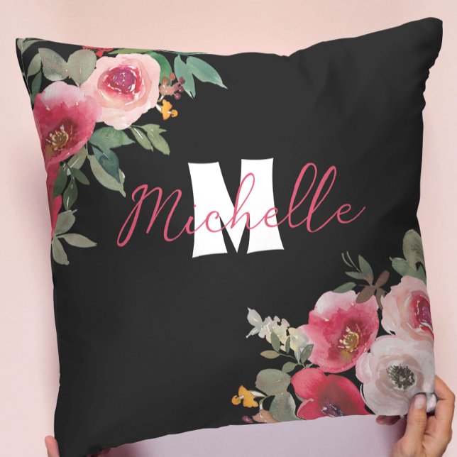 Cojín Decorativo Moda monogramada rosa Floral acuarela (Subido por el creador)
