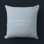 Cojín Decorativo Moda Nueva boda Sr. Mrs Blue Monogram<br><div class="desc">Moda, almohada monogramada moderna con el texto Mr. y Mrs. en blanco y elegante sobre un fondo azul. El color azul del encuentro se utiliza para este diseño elegante. Simplemente agrega tu nombre de casado. Un regalo perfecto para la pareja recién casada. Diseñado exclusivamente para usted por Happy Dolphin Studio....</div>