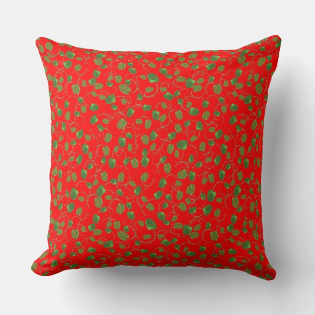 Cojín Decorativo Moda Patrón de amapola verde en rojo brillante (Anverso)