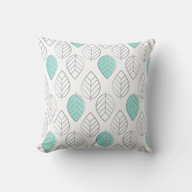 Cojín Decorativo Moda plateada y turquesa y diseño de hojas moderna (Anverso)